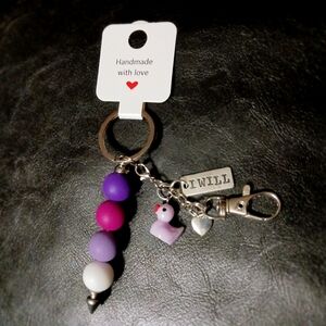 Purple and White Beaded Keychain with Charms